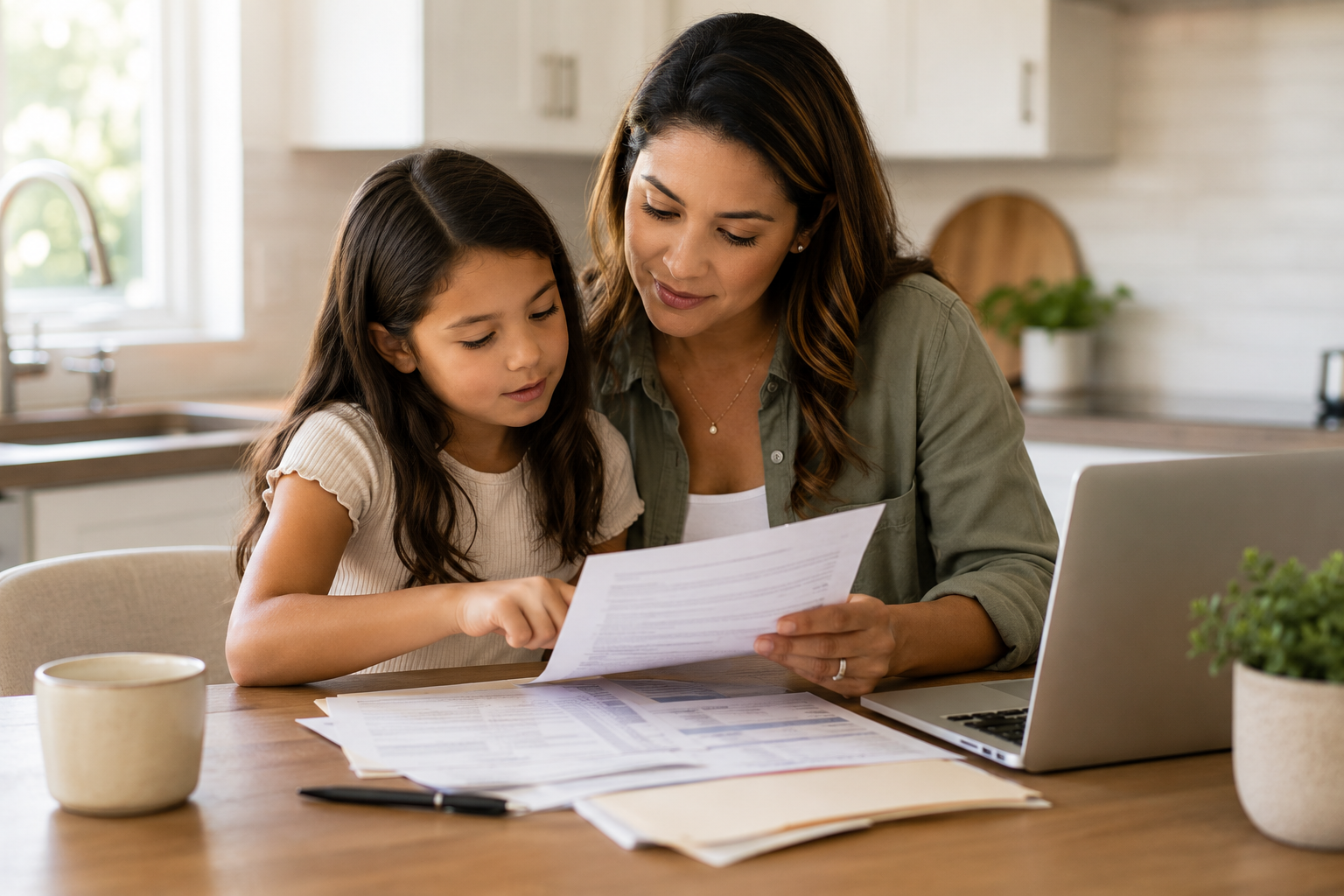 [ALT TEXT: Parent and child reviewing documents together at a home kitchen table]