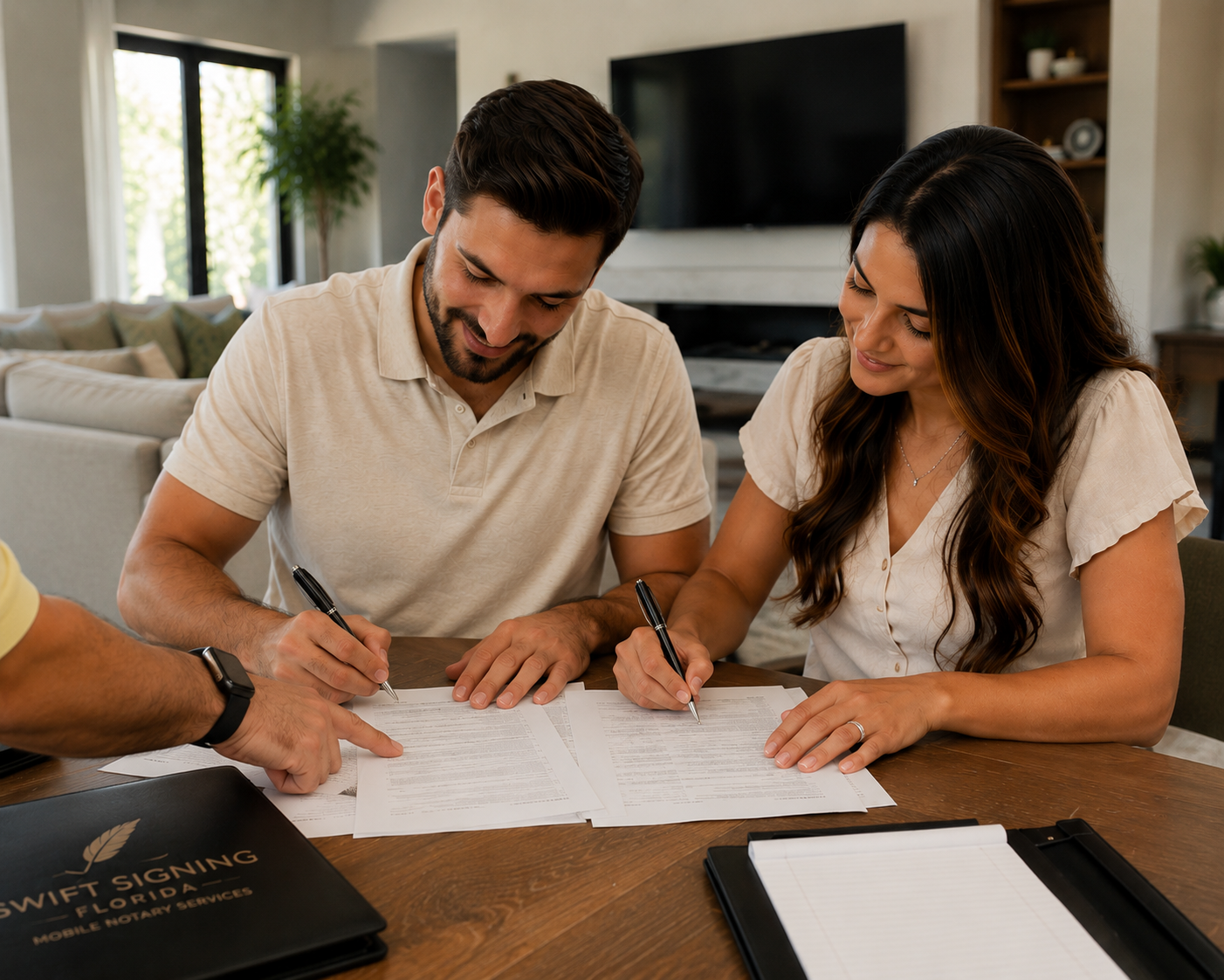 Couple signing closing documents during a mobile notary appointment